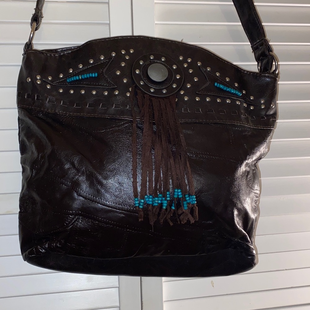 Western Cowgirl-Bohemian Brown with Turquoise Beads-Fringe Studded Crossbody